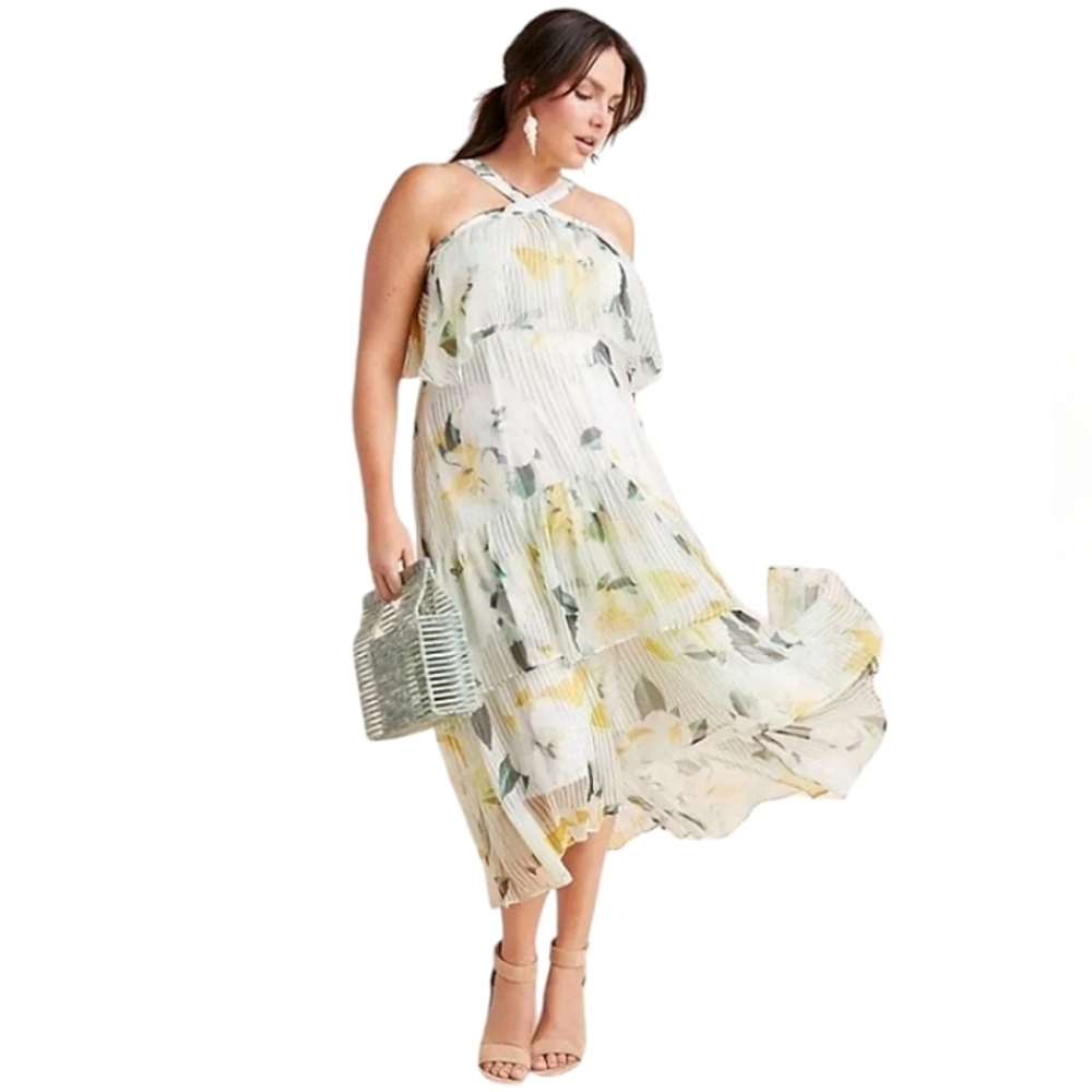 Anthropologie Pleated Floral Maxi Dress in White, Yellow, Green